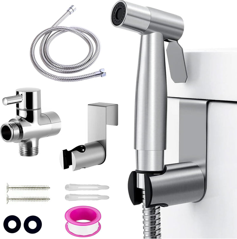 Multifunctional 304 Stainless Steel Bidet Sprayer for Toilet,Bathroom Handheld Bidet Jet Water Sprayer for Wash, Cloth Diaper with Hose and Toilet Mount
