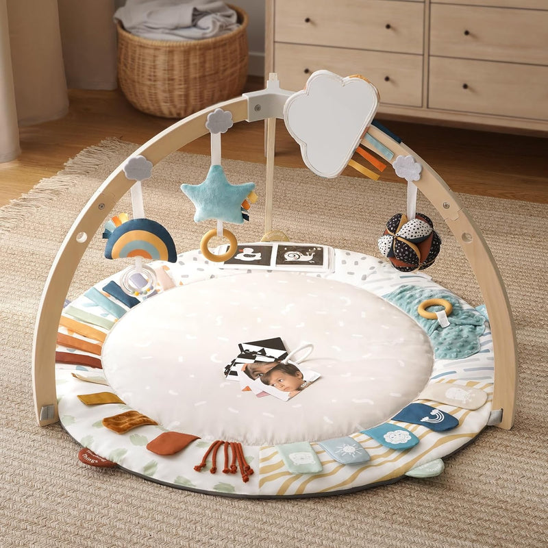 Blissful Diary Baby Play Gym & Mat, 5 Development Zones, Baby Activity Mat, Wooden Mat with 6 Detachable Sensory Toys for Motor Skills and Sensory Development,