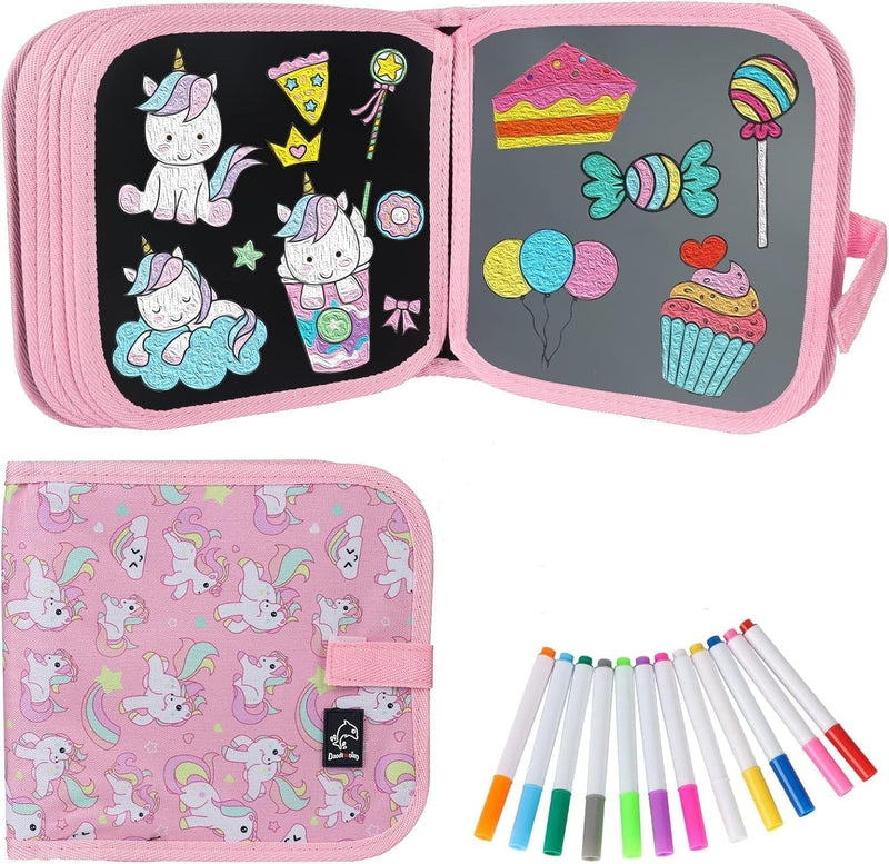 McMola Erasable Doodle Books, Double-Sided Kids' Drawing Writing Boards with 12 Coloring Pens, Portable Early Learning Drawing Pad Travel Toys Birthday Gifts for 3-8 Year Old Boys Girls (Pink)