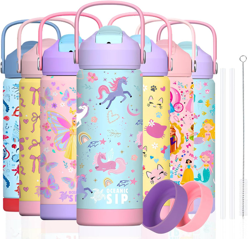 550ml Girls Premium Stainless Steel Water Bottle with Straw Leak-Proof, Double-Wall Vacuum Insulated Kids Flask for School & Sports, BPA-Free (Mermaid, 550ml) - Unicorn 550 ml