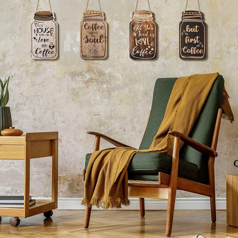 Azonee 4 PCS Coffee Bar Sign Wall Decor, Farmhouse Wood Coffee Sign Hanging Plaques for Kitchen, But First Coffee Wall Art for Tier Tray and Countertop Decoration