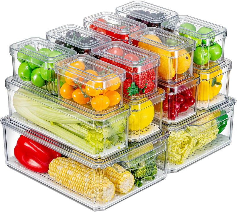 KUMD 10 Pack Fridge Organizers and Storage, Stackable Refrigerator Organizer Bins with Lids, BPA-Free Produce Fruit Storage Containers for Fridge Organizers, for Food, Drinks, Vegetable - 14 Pcs Food Storage Containers
