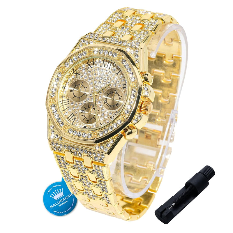 Halukakah Diamonds Watch Iced Out for Boy Teens Kids - 18K Real Gold/Platinum Plated,40mm Roman Numerals Octagonal Dial,Japanese Quartz - 20cm Length -Optional with Cuban Link Chain,with Adjuster Tool
