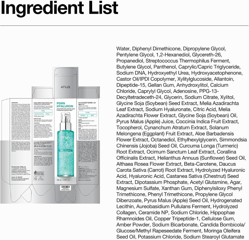 PDRN Collagen Glow Facial Serum Spray, Hydrating Face Mist, Hyaluronic Acid, Dewy Glass Finish, All Skin Types, Instant Plumping Hydration, Firming Care, Korean SkinCare, 100 ml, 3.38 fl oz