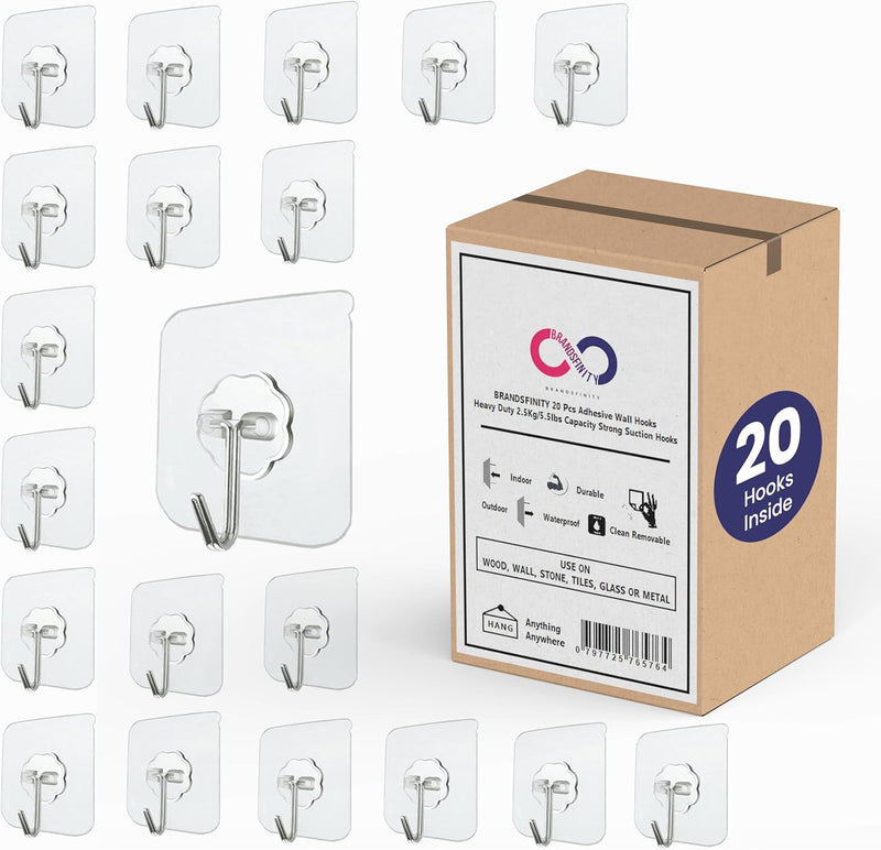 Brandsfinity 20pcs Adhesive Wall Hooks for Hanging, Heavy Duty Sticky Hooks for Wall, No Drill Transparent Self Adhesive Hooks, Holds 2.5kg - 20pcs Pack