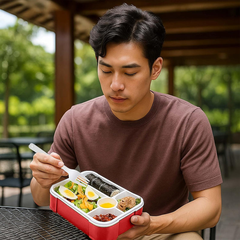 Bento Lunch Box -Leakproof, BPA-Free, Airtight Tiffin with Spoon & Fork- 5 Compartments, 1100ml, Microwave Safe Bento Box For Kids & Adults - Ideal for School & Office (Red)