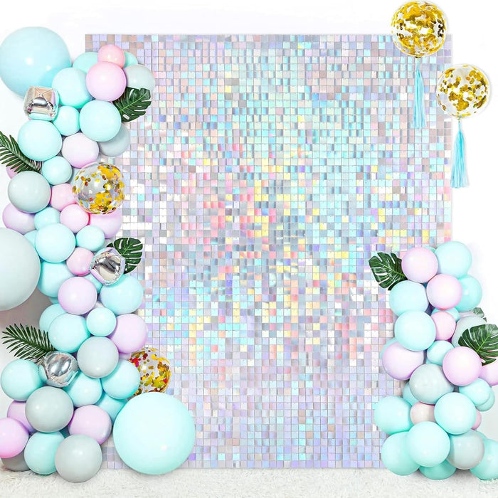 AM ANNA Sequin Wall Panels, 30PCS Shimmer Backdrop Stand, Rainbow Silver Square Decoration for Photo Backdrops, Party, Anniversary, Engagement