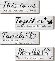 Joyhawk 4 Pieces Home Wall Signs, THIS IS US/TOGETHER/BLESS THIS HOME/FAMILY Wall Decor For Living Room Bedroom, Rustic Wooden Farmhouse Wall Art , 4.7 x 13.8 Inch(Brown) - White Color This is US