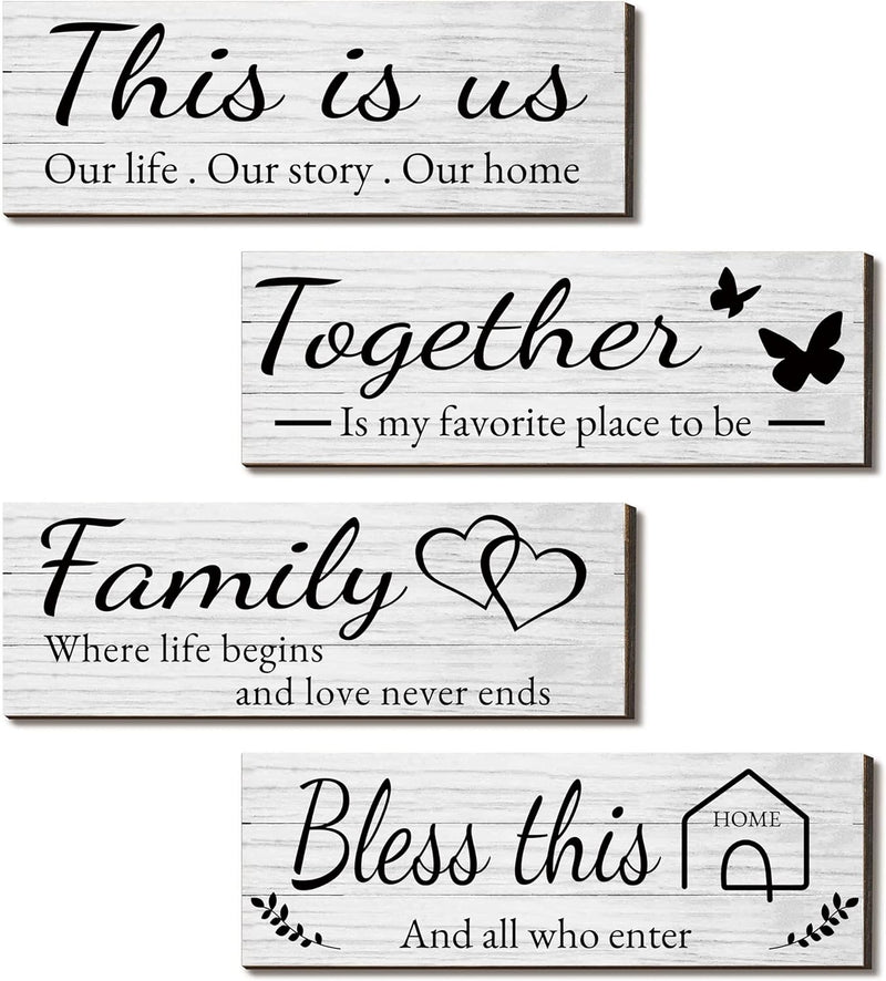 Joyhawk 4 Pieces Home Wall Signs, THIS IS US/TOGETHER/BLESS THIS HOME/FAMILY Wall Decor For Living Room Bedroom, Rustic Wooden Farmhouse Wall Art , 4.7 x 13.8 Inch(Brown) - White Color This is US