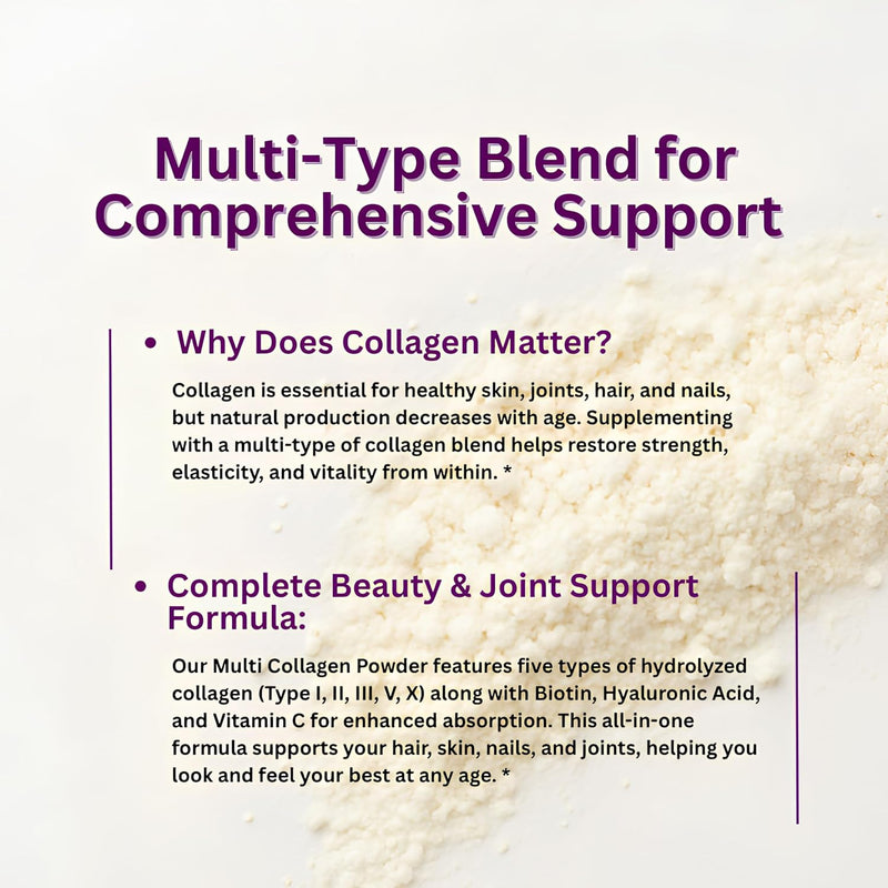 Multi Collagen Peptides Powder, 1 Pound (16 Ounce) - Type I,II,III,V,X with Biotin 10,000mcg, Hyaluronic Acid, Vitamin C - Unflavored - Keto & Paleo Friendly, Easy Dissolve, Non-GMO, Gluten Free