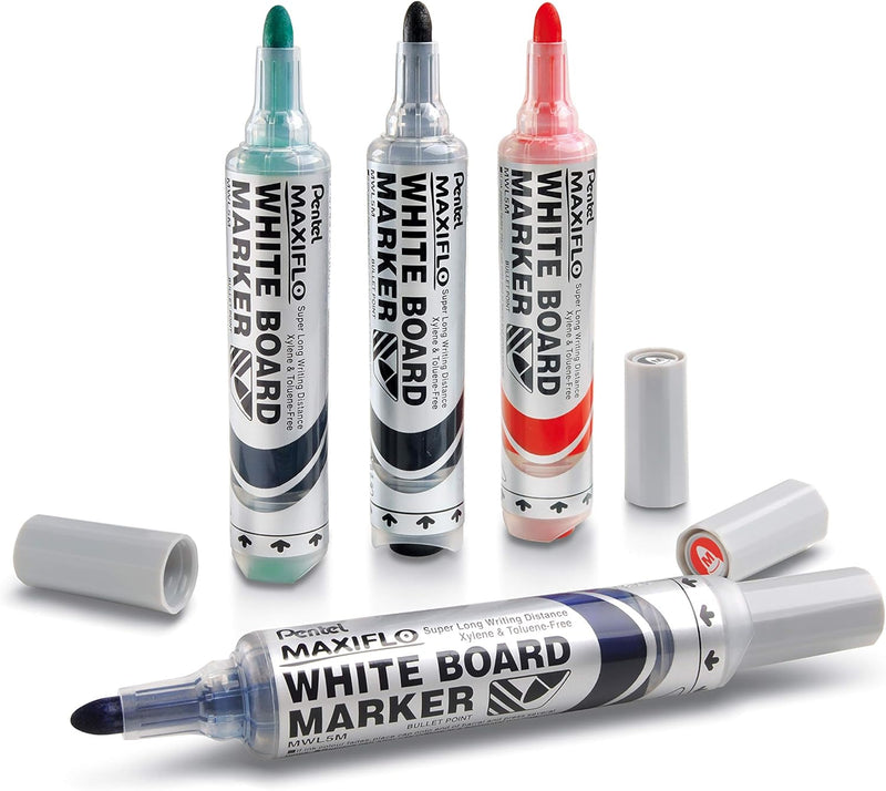 Pentel 6.0mm Bullet Tip Wallet 4 Maxiflo White Board Marker Liquid Ink - Black/Red/Blue/Green