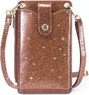 Womens Cellphone Crossbody Bag Small Light Leather Shoulder Purse Handbag Card Wallet Lanyard Case Girls Satchel Pouch - Glitter-brown