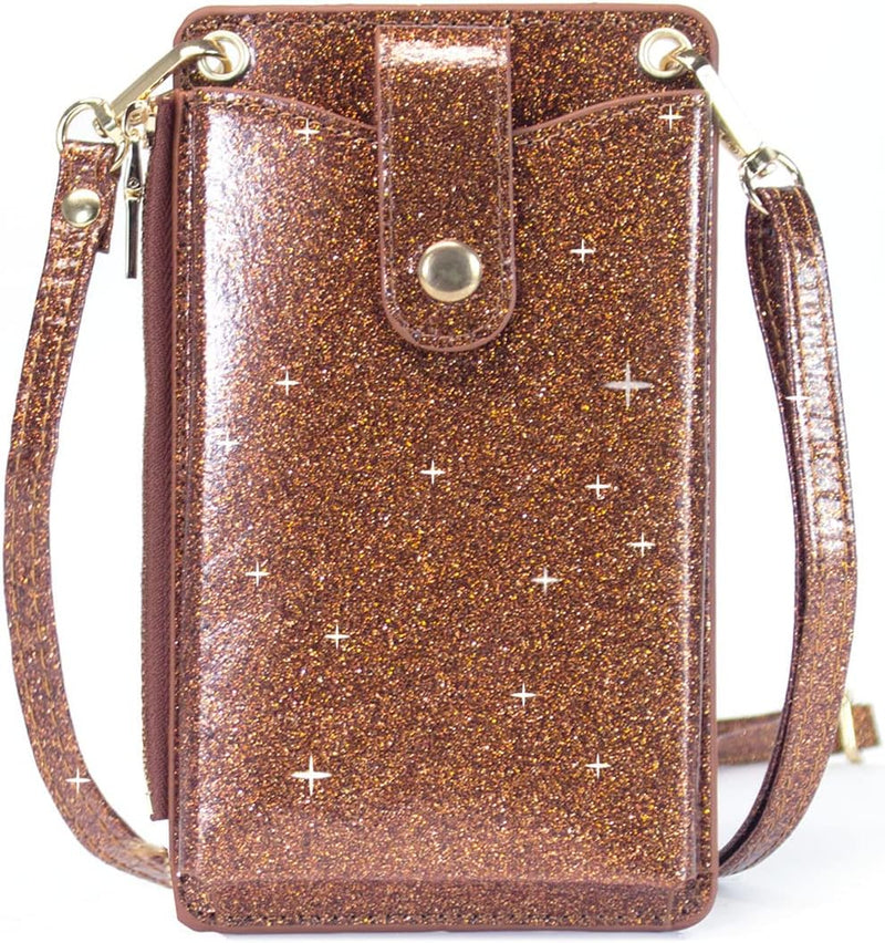 Womens Cellphone Crossbody Bag Small Light Leather Shoulder Purse Handbag Card Wallet Lanyard Case Girls Satchel Pouch - Glitter-brown