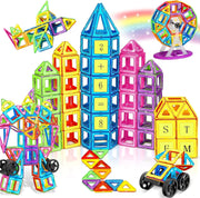 SKY-TOUCH 100PCS Magnetic Tiles, STEM Building Blocks Set, 3D Magnet Puzzles Stacking Blocks with 2 Cars, Sensory Stacking Magnetic Blocks Toys for 3+ Year Old Boys and Girls - 120pcs Stained Window Magnetic Tiles