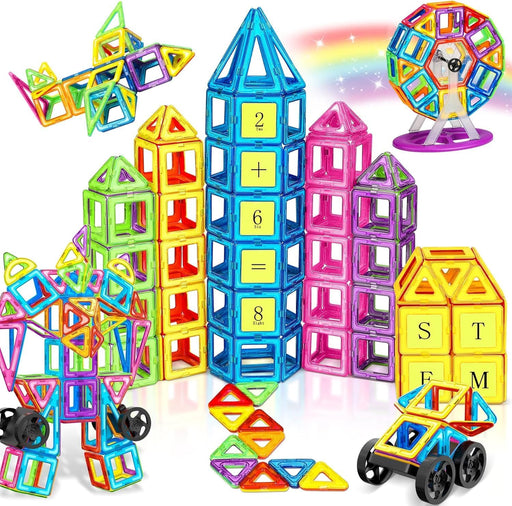 SKY-TOUCH 100PCS Magnetic Tiles, STEM Building Blocks Set, 3D Magnet Puzzles Stacking Blocks with 2 Cars, Sensory Stacking Magnetic Blocks Toys for 3+ Year Old Boys and Girls - 120pcs Stained Window Magnetic Tiles