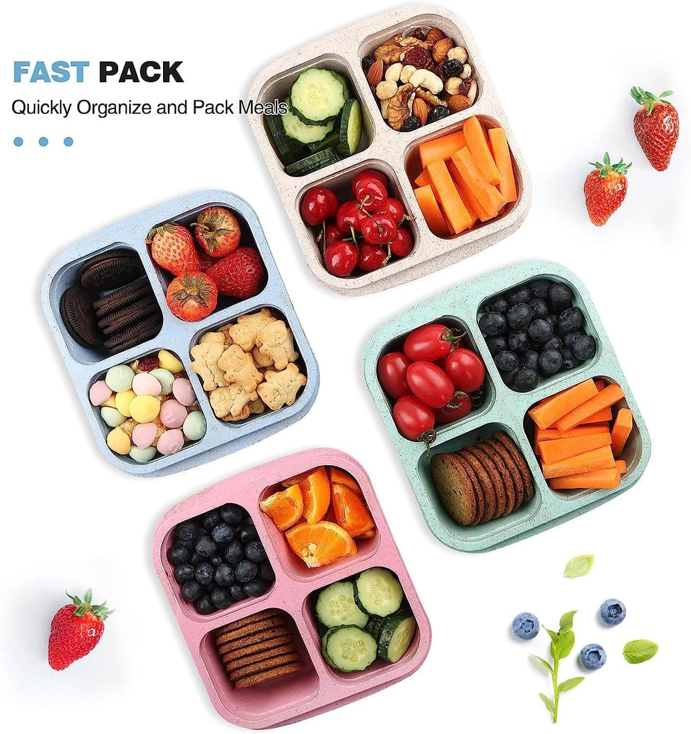 JICUICUI 4 Pack Snack Containers, 4 Compartments Bento Snack Box, Reusable Meal Prep Lunch Containers for Kids Adults, Divided Food Storage Containers for School Work Travel