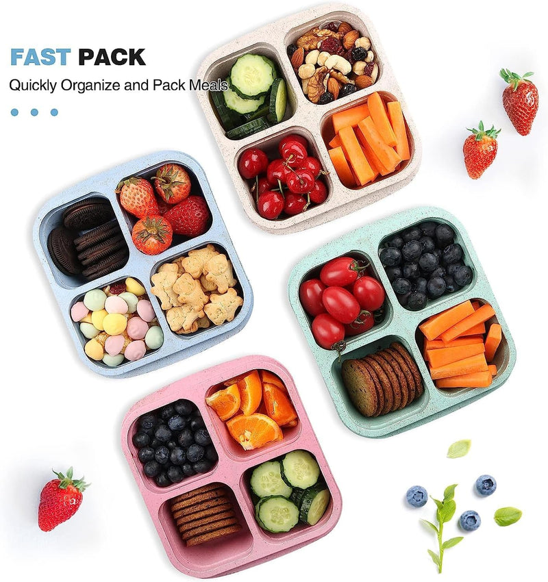 JICUICUI 4 Pack Snack Containers, 4 Compartments Bento Snack Box, Reusable Meal Prep Lunch Containers for Kids Adults, Divided Food Storage Containers for School Work Travel