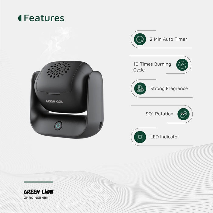 Green Lion Smart Bakhour Rechargeable Electric Car Incense Burner, USB-C Portable Mini Burner, Aluminum Alloy Design, Strong Power for Fast Burning, Long-Lasting Fragrance - Green