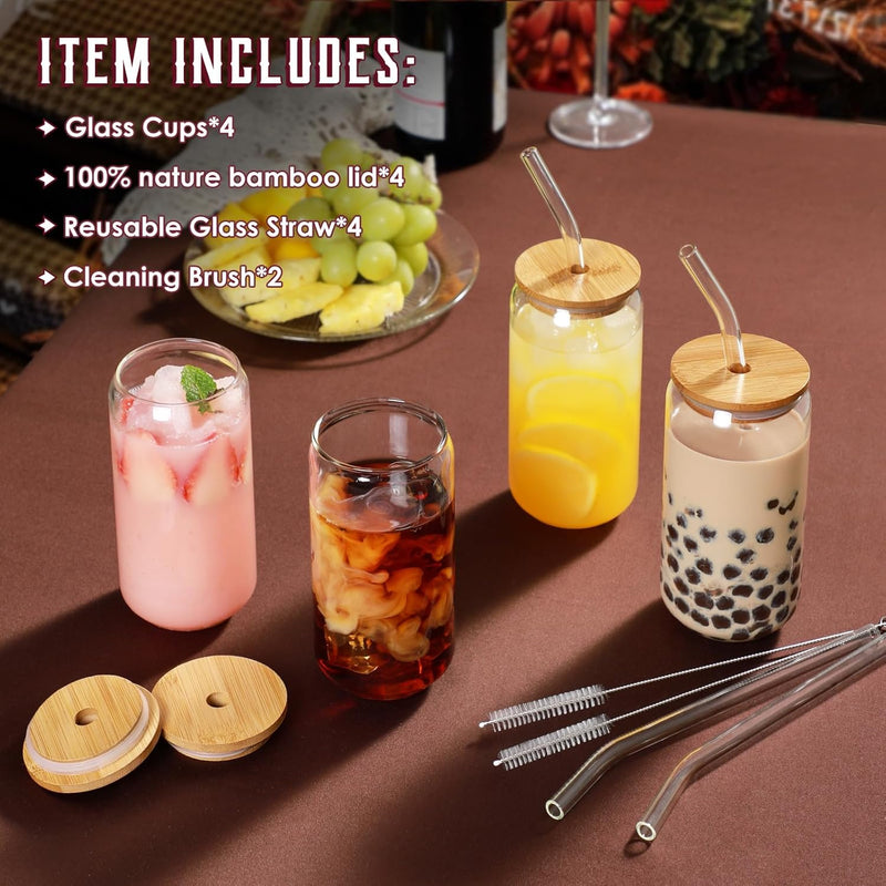 HOOJO Drinking Glasses with Bamboo Lids and Glass Straw 4pcs Set - 16oz Can Shaped Glass Cups, Mocktail Glasses, Iced Coffee Glasses, Cute Tumbler Cup, Ideal for Cocktail,Gift - 2 Cleaning Brushes