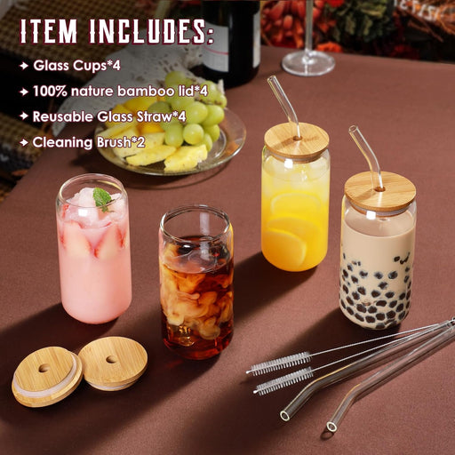 HOOJO Drinking Glasses with Bamboo Lids and Glass Straw 4pcs Set - 16oz Can Shaped Glass Cups, Mocktail Glasses, Iced Coffee Glasses, Cute Tumbler Cup, Ideal for Cocktail,Gift - 2 Cleaning Brushes - 14 Piece Set