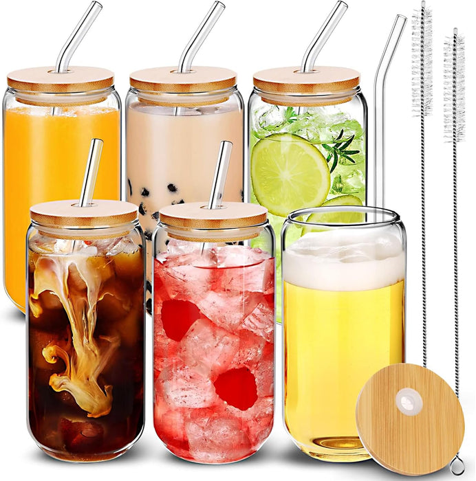 CasaWave 4 Drinking Glasses with Bamboo Lids and Glass Straw - 4 Pcs Can Shaped Glass Cups, Iced Coffee Cups, Cute Tumbler Cups with 2 Cleaning Brush, Ideal for Cocktail, Soda, Tea, Gift