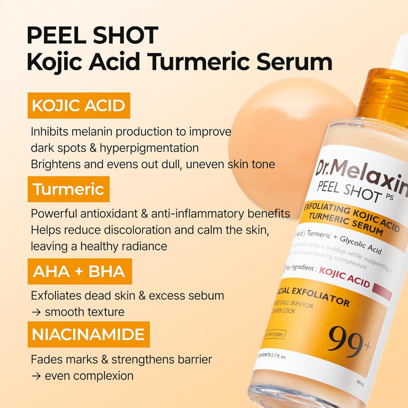 Peel Shot Kojic Acid Turmeric Serum Exfoliating Dark Spot Corrector With Aha/Bha & Niacinamide, Brightening & Even Complexion Facial Serum 2.71 Fl Oz (Pack of 1)