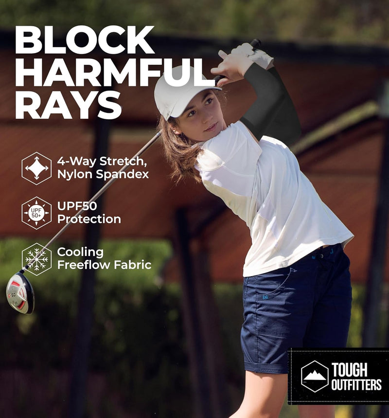 Tough Outdoors Sun Protection Sleeves - UV Arm Sleeves for Men and Women - Golf Cooling Arm Sleeves - Baseball Sun Sleeves - Black