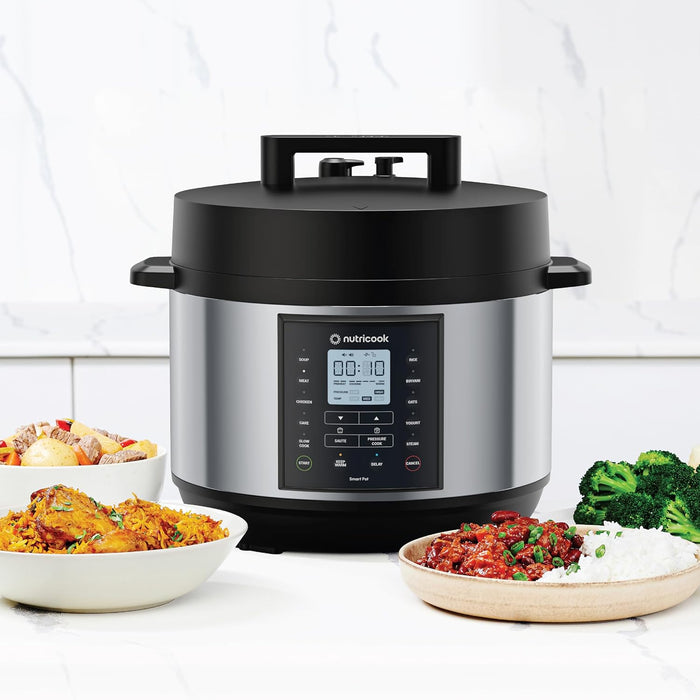 Nutricook Smart Pot Eko, 1000 Watts - 9 In 1 Instant Programmable Electric Pressure Cooker, 6 Liters, 14 Smart Programs, Brushed Stainless Steel/Black, 2 Years Warranty, Silver/Black