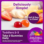 Toddler Multivitamin Gummies - Improved Formula: Omega 3 (DHA/EPA), Vitamins D3, C, Vitamin B12, B6, A, K & Zinc, Biotin, Gluten Free, Three Fruit Flavors, 60 Count (30 Day Supply)
