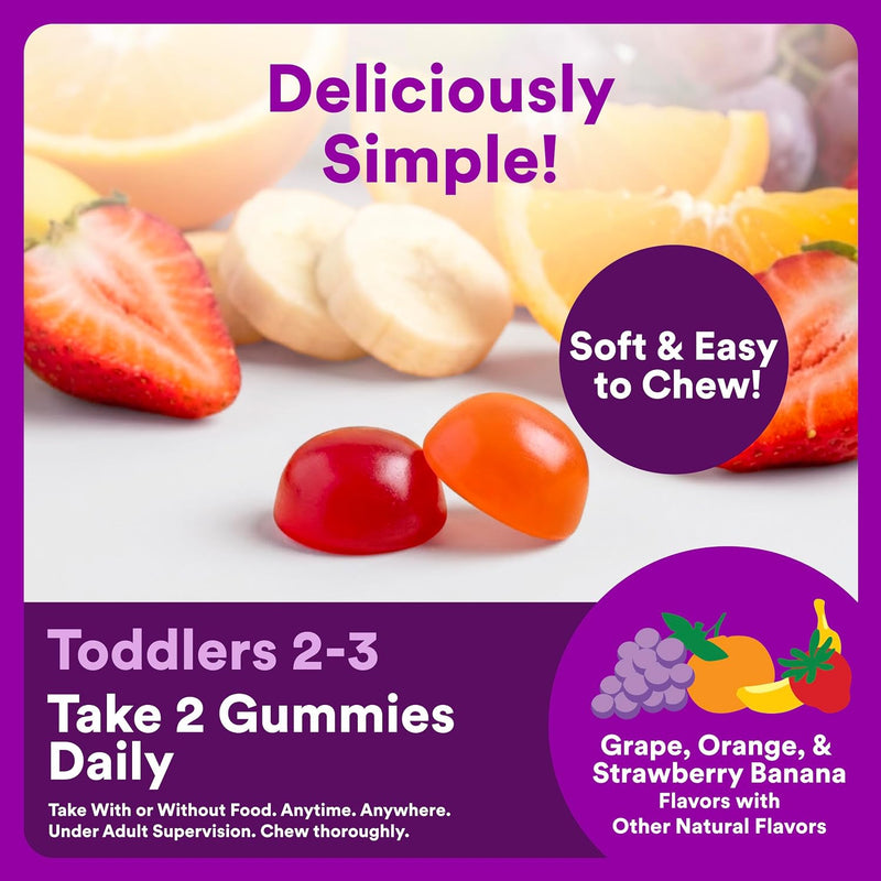 Toddler Multivitamin Gummies - Improved Formula: Omega 3 (DHA/EPA), Vitamins D3, C, Vitamin B12, B6, A, K & Zinc, Biotin, Gluten Free, Three Fruit Flavors, 60 Count (30 Day Supply)