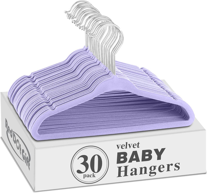 Red Dot Gift® Baby Velvet Hangers 11Inch/28cm - Nursery Clothes Hangers Non Slip Toddler Hangers, 360 Chrome Swivel Hook (White, 30)