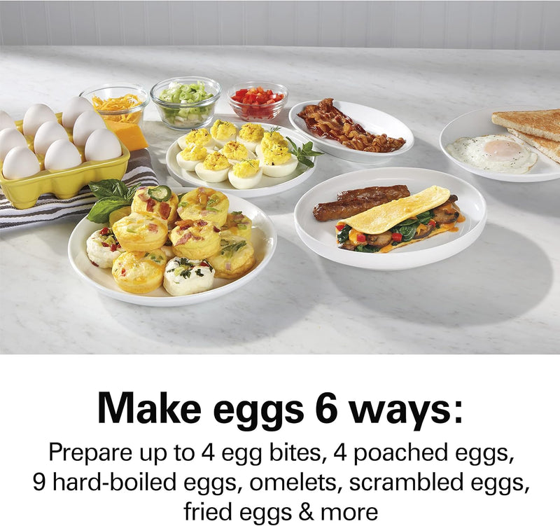 Hamilton Beach 6-in-1 Electric Egg Cooker for Hard Boiled Eggs, Sous Vide Style Egg Bite Maker and Poacher, 5.25” Non-Stick Skillet for Omelets, Scrambling & Frying, Grey (25510)