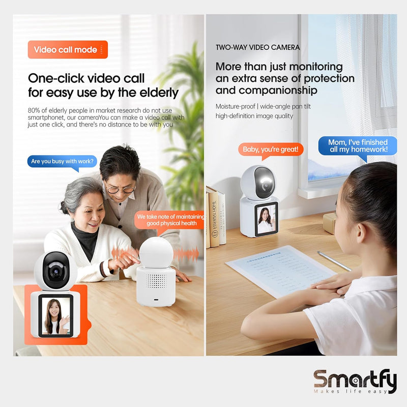 Smartfy Indoor Security Camera – Full HD Baby Monitor with Human Detection, Night Vision,Baby Camera Monitor with Crying Detection,Video Call,Smart Tracking & 2.8" Retina Screen Surveillance