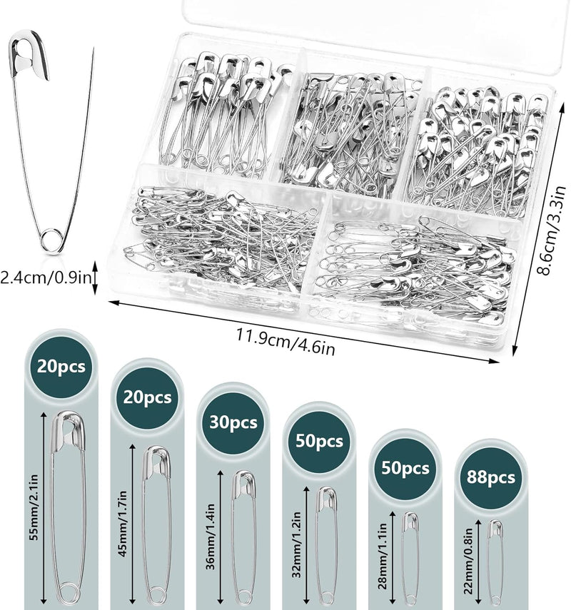 RstEDame Safety Pins, 250pcs High Strength Steel Assorted Sizes Hijab Brooches Pins Durable Rust-Resistant Clothing Pins for Home Office Clothes Label Sewing Jewelry Making, 6 Sizes, Silver