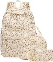 School Backpacks for Boys Girls Bookbag Teens Backpack Set Tote Shoulder Bag and Pencil Case - Corduroy- Floral Beige