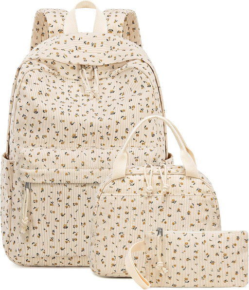 School Backpacks for Boys Girls Bookbag Teens Backpack Set Tote Shoulder Bag and Pencil Case - Corduroy- Floral Beige