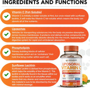 Liposomal Vitamin C Capsules (200 Pills 1500mg Buffered) High Absorption VIT C, Immune System & Collagen Booster, High Dose Fat Soluble Immunity Support Ascorbic Acid Supplement, Natural Vegan