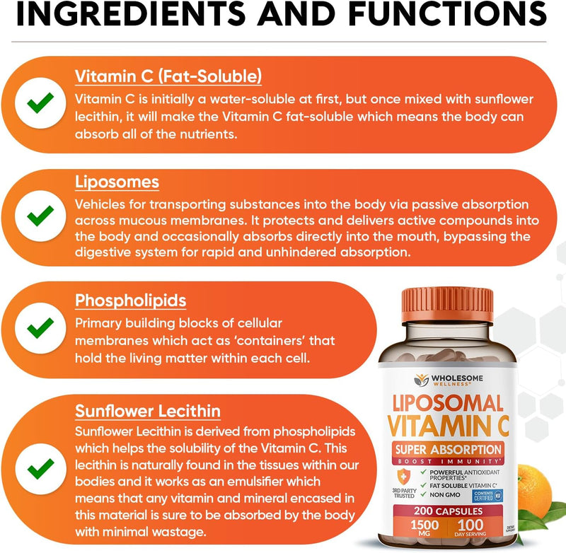 Liposomal Vitamin C Capsules (200 Pills 1500mg Buffered) High Absorption VIT C, Immune System & Collagen Booster, High Dose Fat Soluble Immunity Support Ascorbic Acid Supplement, Natural Vegan