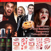 VANERIA Halloween Artificial Blood Set - Realistic & Washable Fake Blood, 50 ml Artificial Blood Spray, 50 ml Dripping Artificial Blood, Sponge, 4 Fake Scars & 4 Luminous Tattoos for Zombies, Vampires