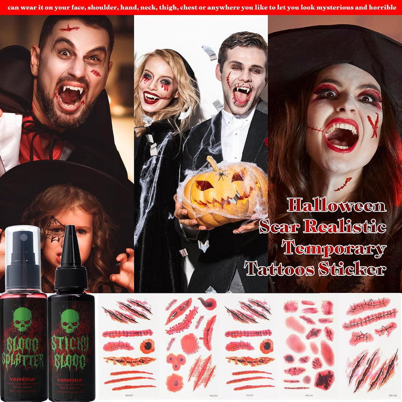 VANERIA Halloween Artificial Blood Set - Realistic & Washable Fake Blood, 50 ml Artificial Blood Spray, 50 ml Dripping Artificial Blood, Sponge, 4 Fake Scars & 4 Luminous Tattoos for Zombies, Vampires