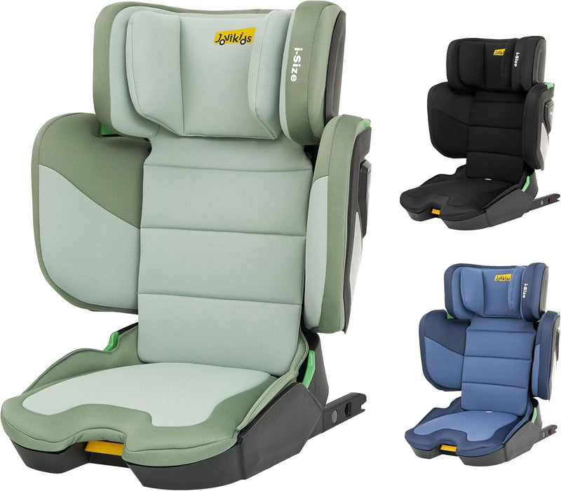 Jovikids Rober i-Size Booster Seat with ISOFIX, Suitable for Kids 100-150cm 3Y-12Y, Adjustbale Height and Width, Cabin Size Portable Toddler Car Seat for Travel, Compact & Folding, ECE R129, Black - Green