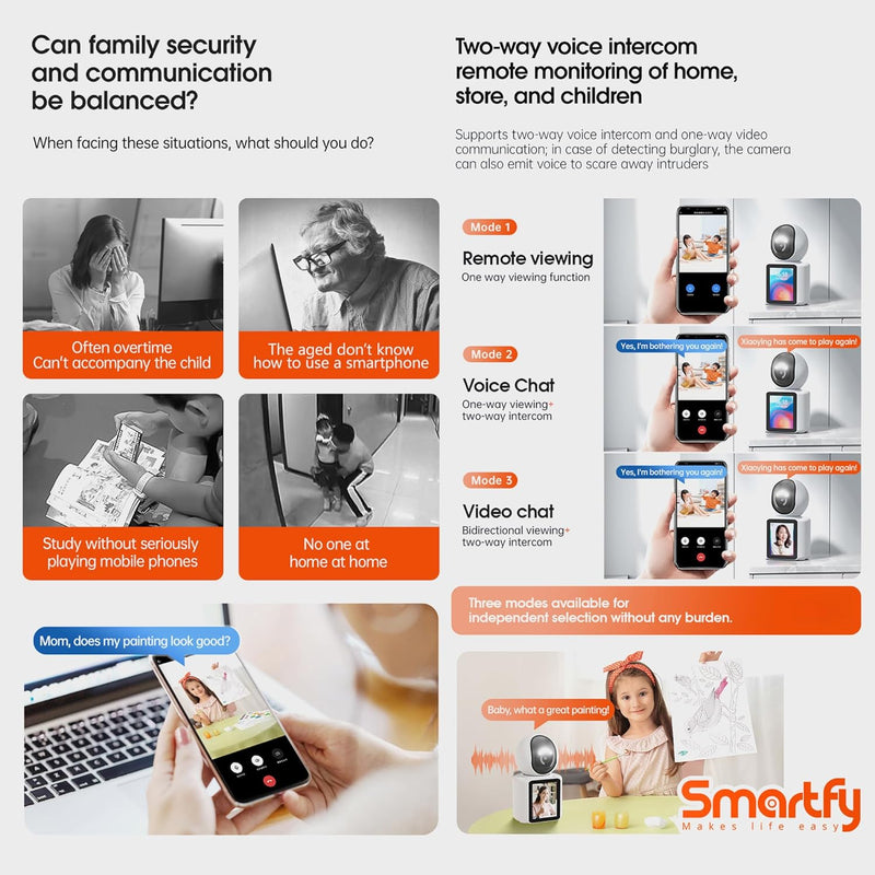 Smartfy Indoor Security Camera – Full HD Baby Monitor with Human Detection, Night Vision,Baby Camera Monitor with Crying Detection,Video Call,Smart Tracking & 2.8" Retina Screen Surveillance