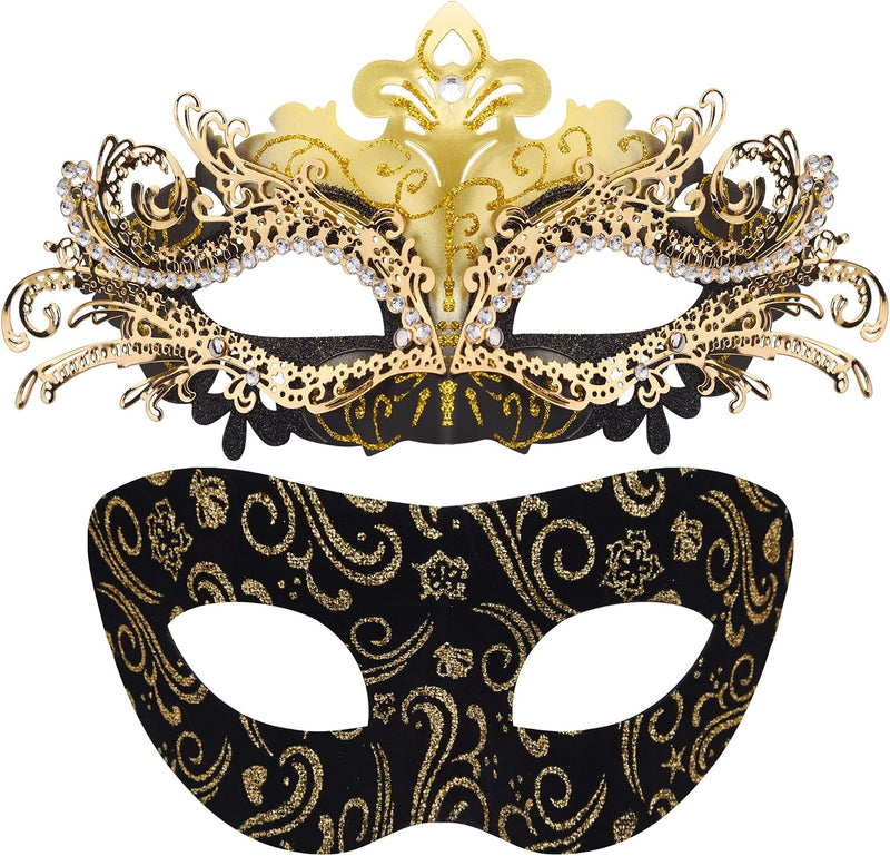 2 Stck Venezianische Maske Paar Maskerade Mask Venezianischen Maske Kostm Masken fr Damen Herren Halloween Karneval Party - Black & Gold Inlaid Alloy