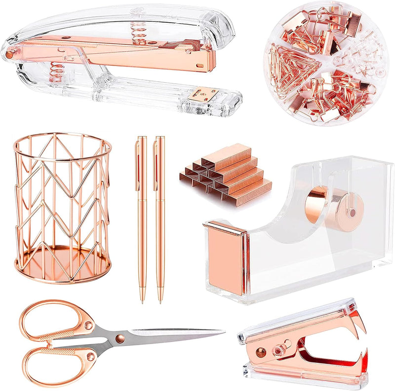 Famassi Rose Gold Desk Accessories,Office Supplies Set Acrylic Stapler Set Staple Remover, Tape Holder, 2 Ballpoint Pen, Scissor, Binder/Paper Clips and 1000pcs Staples.