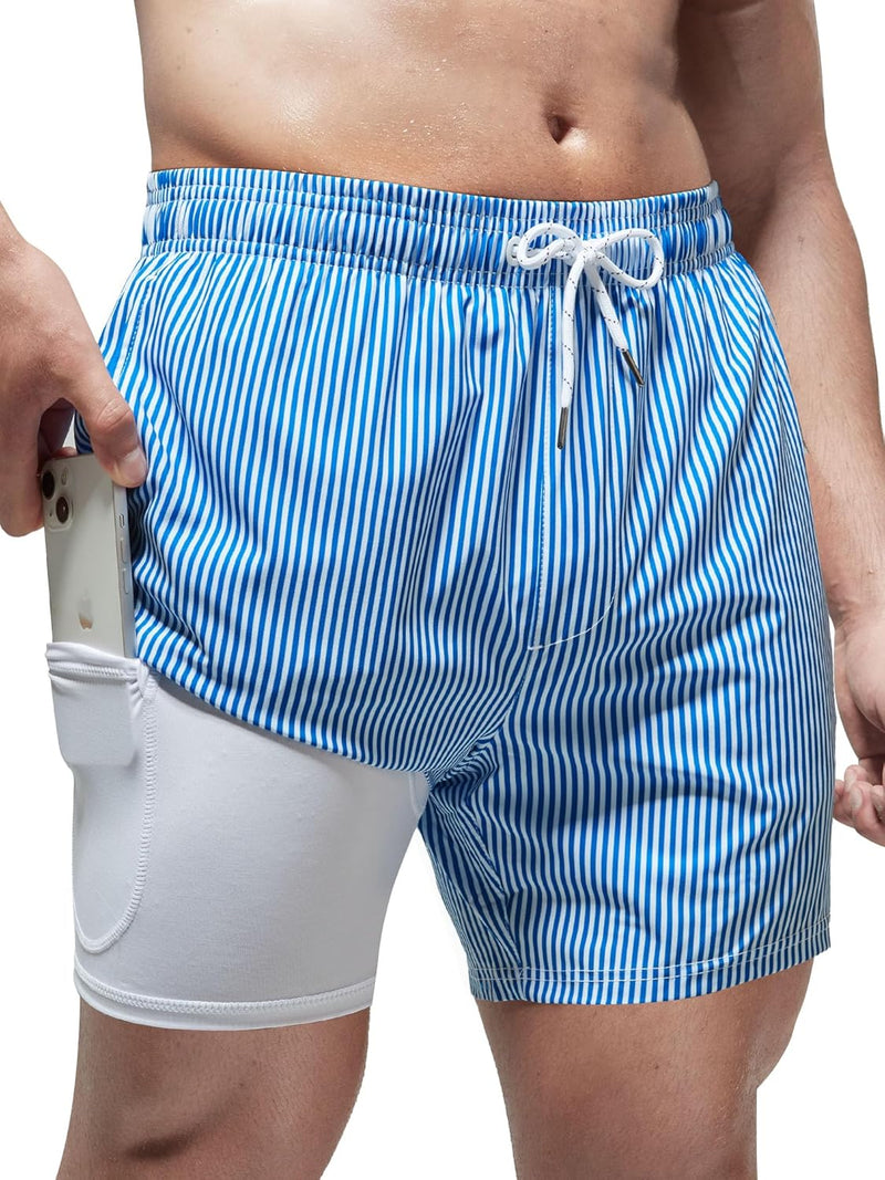 Men's Swimming Trunks with Compression Liner 2 in 1 Casual Swim Shorts Short 5.5 Inch Quick Drying Board Shorts Beach Shorts with Zip Pocket S - XXL - Blue and white stripes