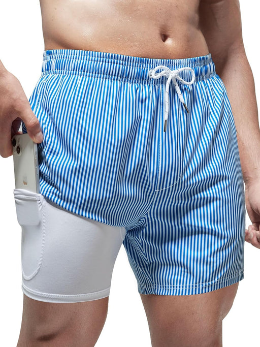 Men's Swimming Trunks with Compression Liner 2 in 1 Casual Swim Shorts Short 5.5 Inch Quick Drying Board Shorts Beach Shorts with Zip Pocket S - XXL - Blue and white stripes