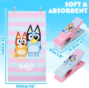 Bluey Towels for Kids with 2 Pegs Clips Beach Towel Soft Absorbent Bath Shower Swimming Towel 100% Cotton Quick Dry Holiday Essentials 140x70cm