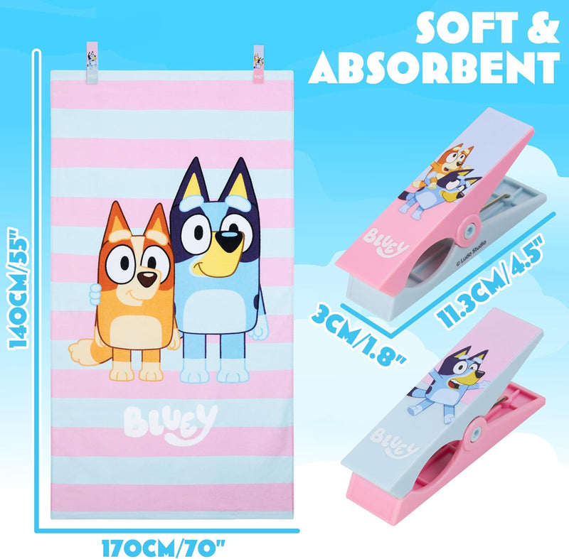 Bluey Towels for Kids with 2 Pegs Clips Beach Towel Soft Absorbent Bath Shower Swimming Towel 100% Cotton Quick Dry Holiday Essentials 140x70cm