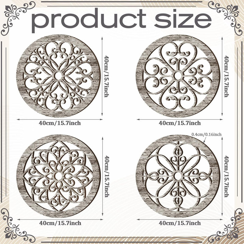 Yulejo 4 Pcs Thicken Rustic Wall Decor Farmhouse Wall Art Wooden Hollow Carved Design Decor Rustic Round Wall Art for Living Room Bedroom Hallway Decor Kitchen Wall (Black, Brown,9.8 x 9.8 Inch)