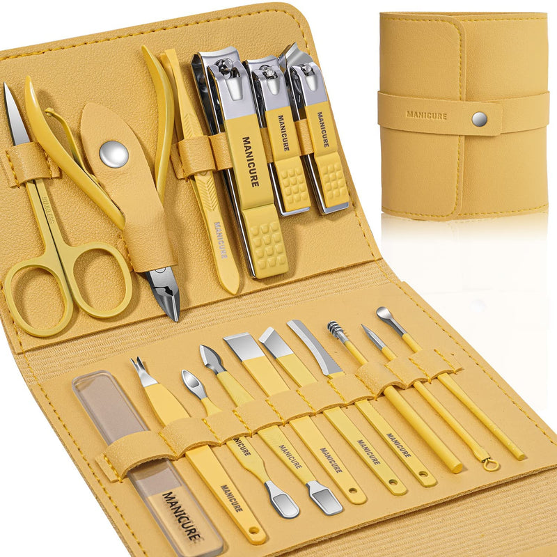 WAWASIA Manicure Set, 16 PCS Nail Clippers Pedicure Kit, Stainless Steel Professional Nail Care Tools Grooming Kits with Leather Case, Yellow